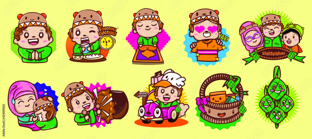 Set VECTOR Cute Character Ramadan and Eid Mubarak Activity Family, Ramadan Eid Mubarak celebrated Illustration, Vector Using for Sticker, website banner Set VECTOR Cute Character Ramadan and Eid Mubarak Activity Family, Ramadan Eid Mubarak celebrated Illustration, Vector Using for Sticker, website banner