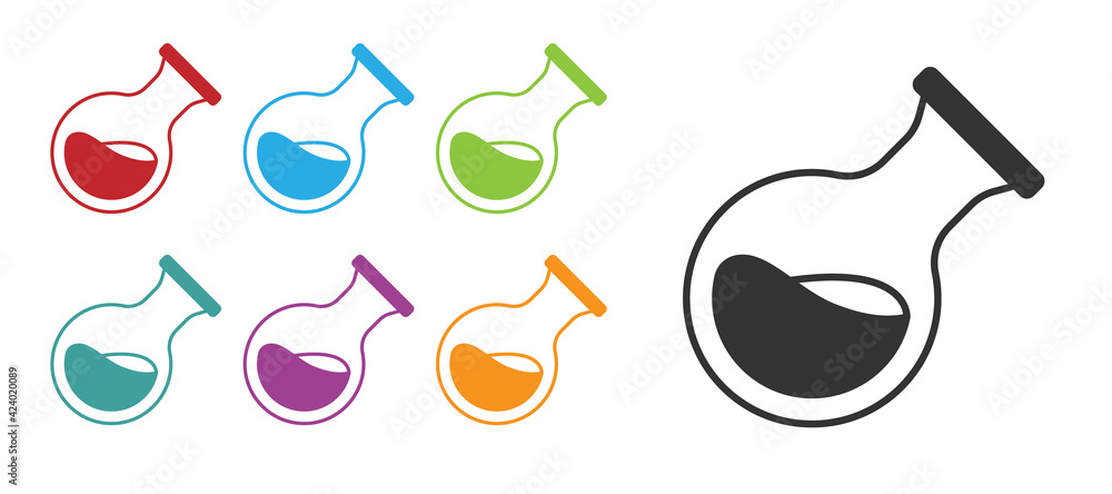 Black Test tube and flask chemical laboratory test icon isolated on white background. Laboratory glassware sign. Set icons colorful. Vector Black Test tube and flask chemical laboratory test icon isolated on white background. Laboratory glassware sign. Set icons colorful. Vector