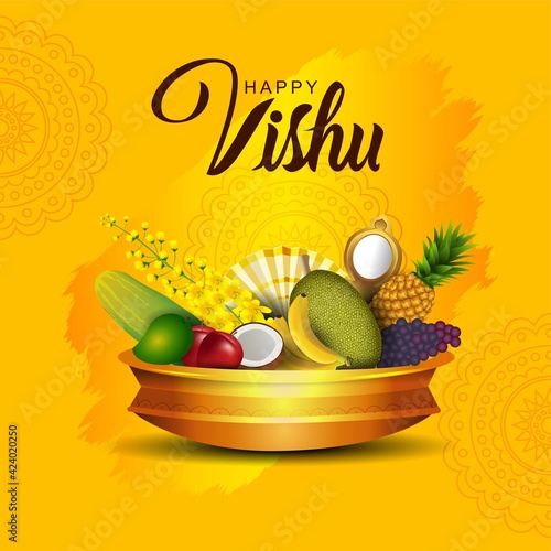 Happy Vishu greetings. April 14 Kerala festival with Vishu Kani, vishu flower Fruits and vegetables in a bronze vessel. vector illustration design