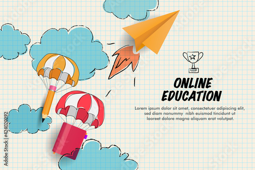 online education with pencil and book illustration in vector design. background banner or promo education online.
