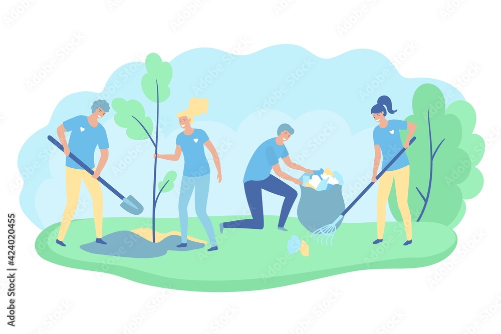 Volunteers cooperating together and cleaning up city park, they are collecting and separating waste, environmental protection concept. Vector illustration.