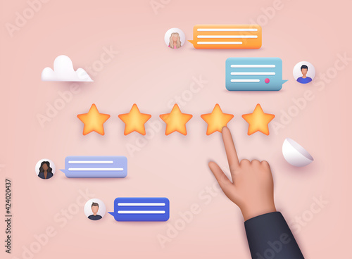 Vector customer review concepts. Reviews stars with good and bad rate and text. 3D Web Vector Illustrations.