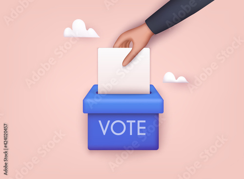 Hand puts voting ballot in ballot box. Election concept. 3D Web Vector Illustrations.