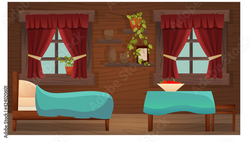 Wooden house with chairs, table, bed, window, flowers, books, shelves. Cartoon vector illustration.  