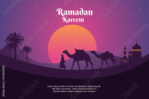 illustration of a man walking with a camel in a desert and a sunset. background and banner ramadan the holy month.