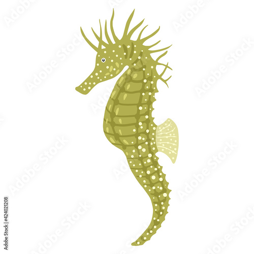 Green seahorse isolated on white background. Cartoon character reef fauna in flat style.