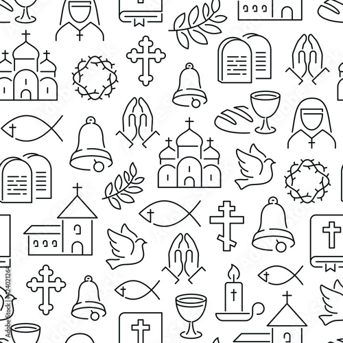 Seamless pattern with religion. Black and white thin line icons