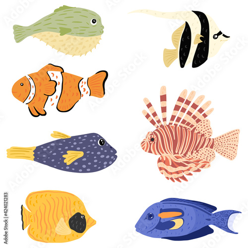 Set reef fish isolated on white background. Different fish: puffer, lionfish, moorish Idol, clown, surgeon, butterfly.