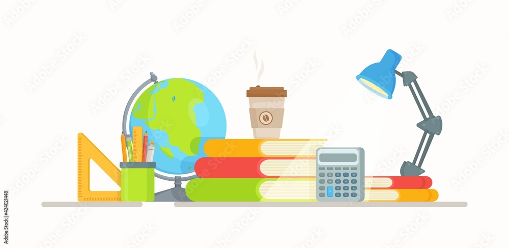 Vector illustration of school things and gadgets. Doing your homework. The workplace of every schoolboy or student. Preparation for exams. Vector illustration of school things and gadgets. Doing your homework. The workplace of every schoolboy or student. Preparation for exams.