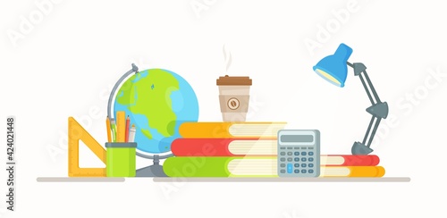 Vector illustration of school things and gadgets. Doing your homework. The workplace of every schoolboy or student. Preparation for exams.