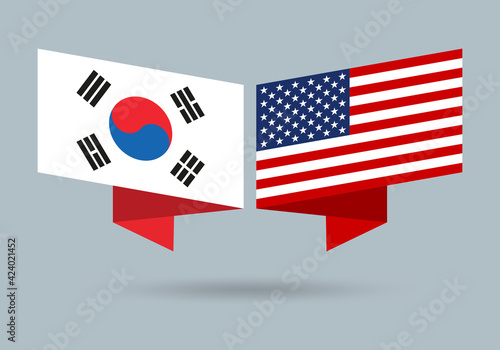 South Korea and USA flags. American and Korean national symbols. Vector illustration.