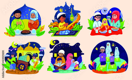  Set Hand drawn Ramadan Activity Family, Praying, Ramadan celebrated Illustration Vector