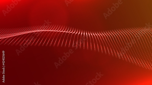 Wave of red particles. Abstract technology flow background. Sound mesh pattern or grid landscape. Digital data structure consist dot elements. Future vector illustration.
