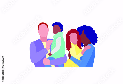 Multiracial and multicultural happy family. Young beautiful woman and man are holding children in their arms. Happy multiethnic mother and husband with children