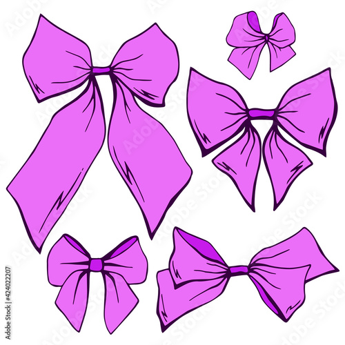 A set of violet hand-drawn bowknots isolated on white background. Collection of cute flat vector bows elements for holiday design
