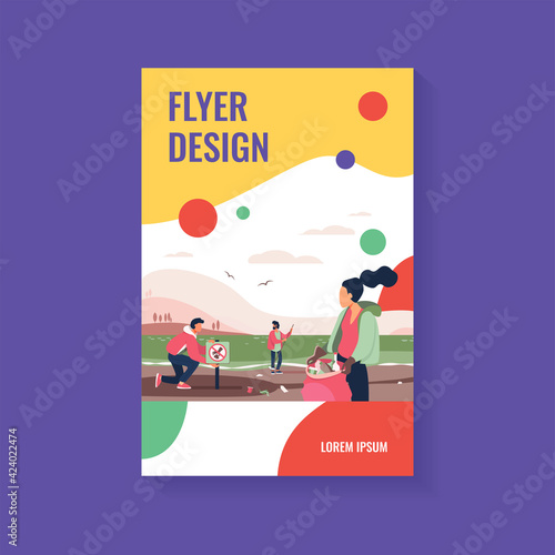 Group of young volunteers collecting trash on ocean beach flat vector illustration. Ecology and clean planet concept. People cleaning environment nature together