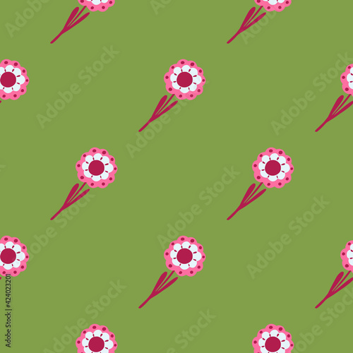 Abstract botanic seamlesss pattern with hand drawn pink flowers elements. Pastel green background.