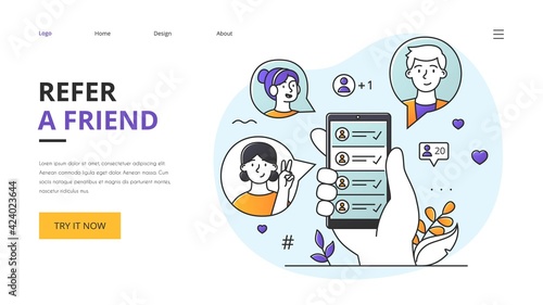 Refer a Friend online app concept with community of people