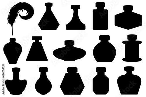 Set of different inkwells isolated on white