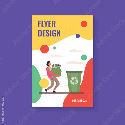 Young guy carrying bag with garbage to trash bin. Container, rubbish, junk flat vector illustration. Ecology and recycling concept for banner, website design or landing web page