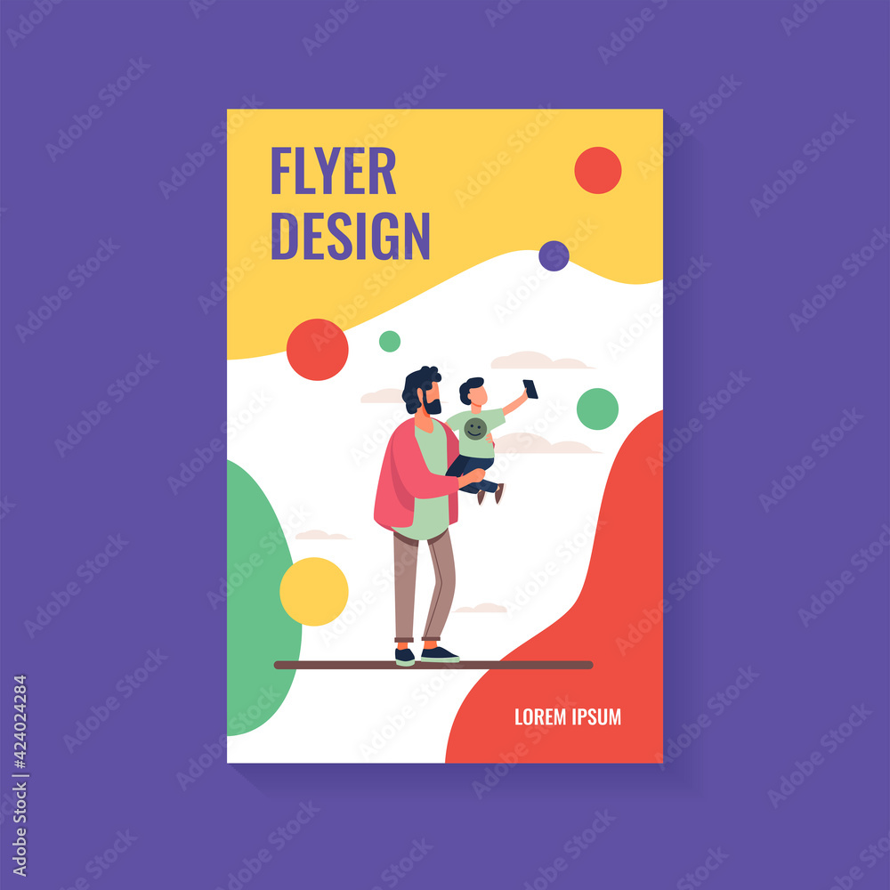Young father holding child with mobile phone. Selfie, kid, smartphone flat vector illustration. Family and digital technology concept for banner, website design or landing web page Young father holding child with mobile phone. Selfie, kid, smartphone flat vector illustration. Family and digital technology concept for banner, website design or landing web page