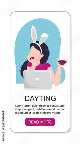 Vector app landing page or template woman online dayting. Celebrates Easter, drinking wine and have virtual meeting. She have cute bunny ears.