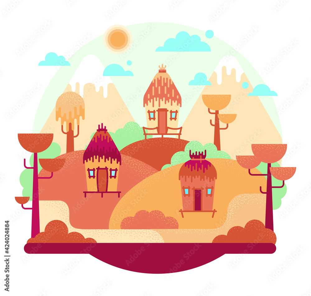 Three wooden huts stand on a hill, african orange landscape. Vector cartoon illustration n flat cartoon stile. 