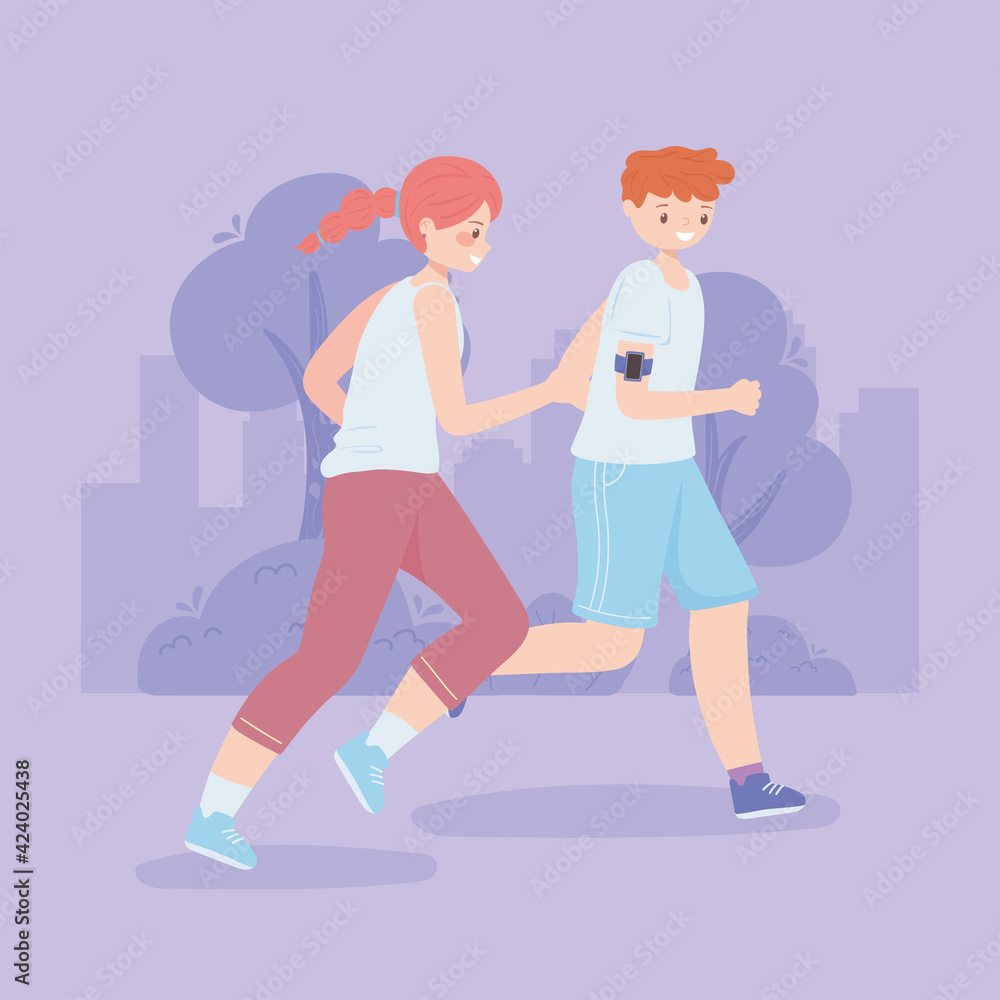 young couple running