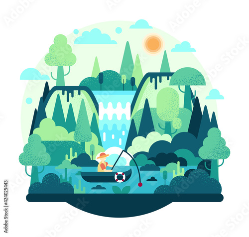 Fisherman with a fishing rod in the boat on the lake. Flat cartoon illustration. A man is resting in nature, fishing in a pond among green trees and next to a waterfall.