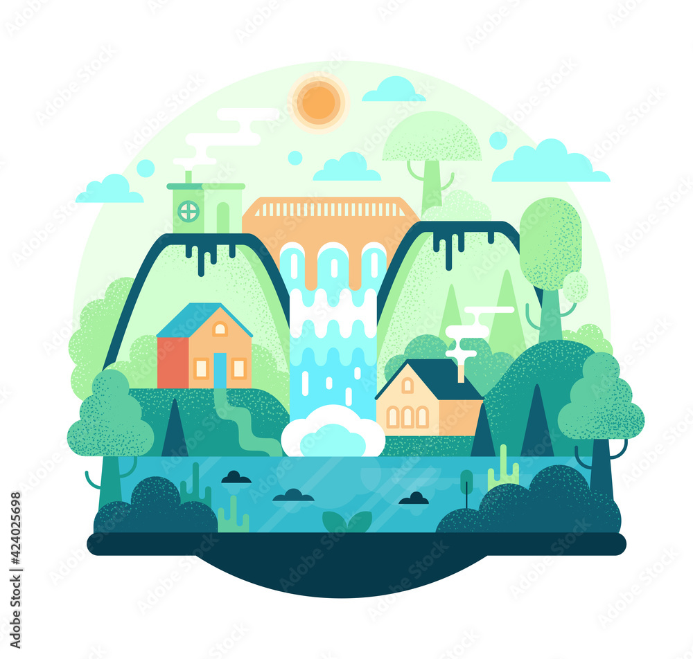 Cartoon illustration in flat style with hydroelectric power plant, dam with hydro turbine, houses, mountains, forest and waterfall. Background for eco friendly source of power design concept. 