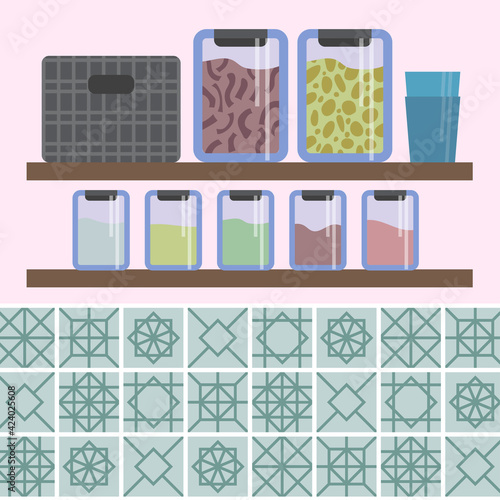 Kitchen shelves with items: glass jars with spices and cereals, glasses. Apron made of tiles with different ornaments. Color vector illustration.