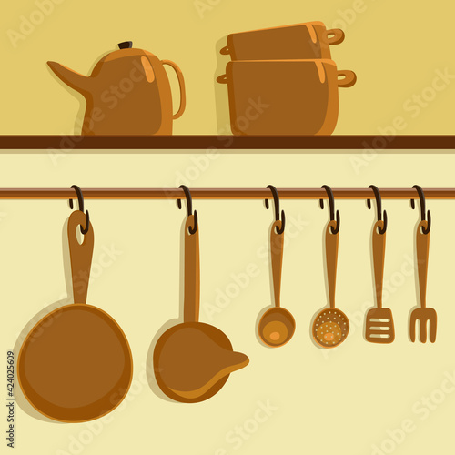 Kitchen shelf with items: copper pots, kettle. Kitchen tools hang on hooks under the shelf. Color vector illustration.