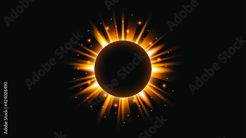 Sun Eclipse Orange Fire Dark Background Vector Moon Design Style Space Science Glow Light
