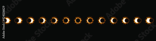 Set Collection Phases Of A Solar And Lunar Eclipse On Dark Background Sun