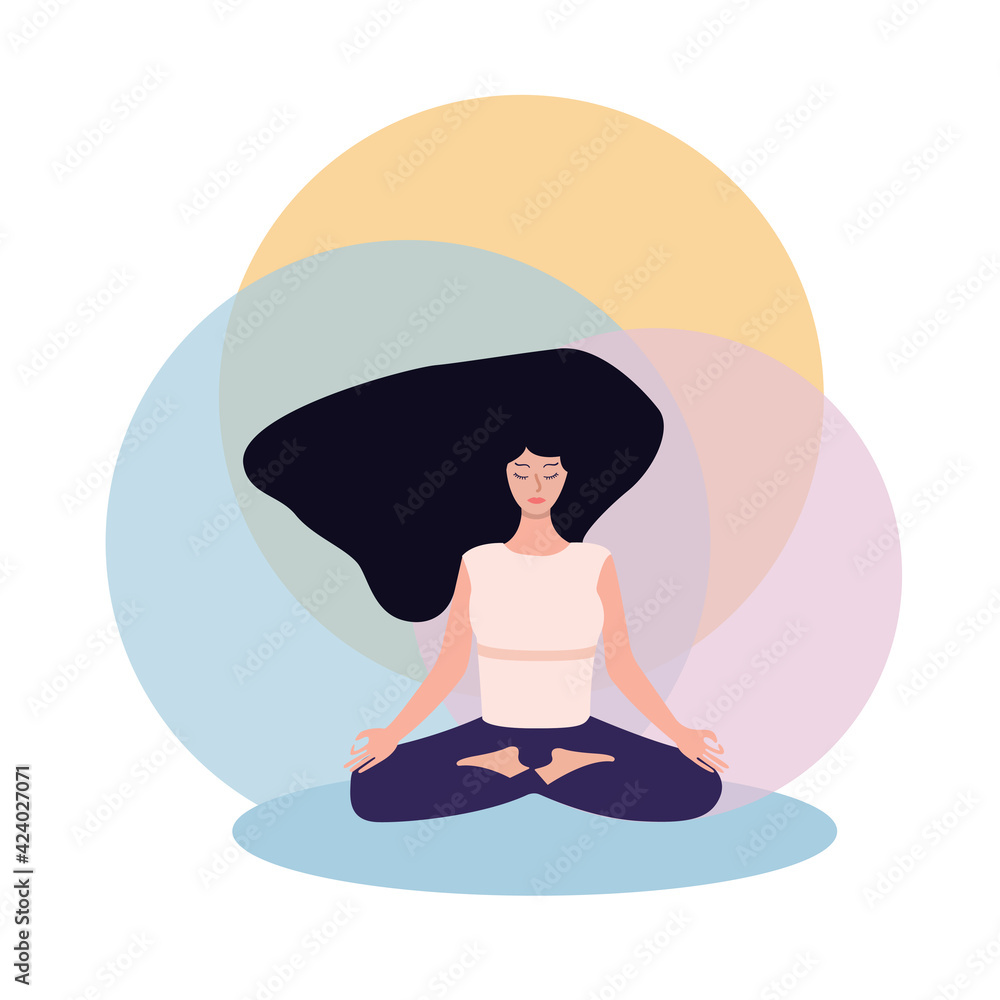Woman meditating on nature and leaves. Concept illustration for yoga, meditation, rest, relaxation, healthy lifestyle. in flat cartoon style. Vector