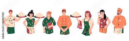 Restaurant or cafe staff - waitress and waiters, managers and cooks in uniform standing together, cartoon vector illustration isolated on white background. Restaurant and kitchen workers.