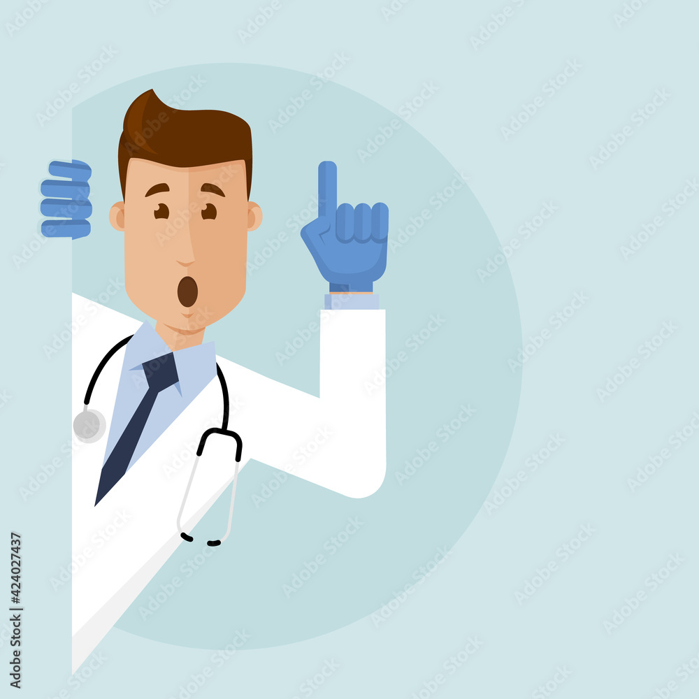 The doctor peeks out from around the corner. Pointing finger up, attention important information. The doctor peeks out from around the corner. Pointing finger up, attention important information.