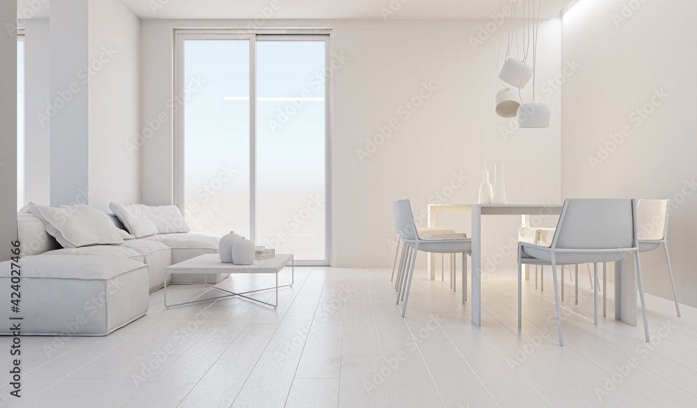 Fototapeta premium Illustration 3D rendering large luxury modern bright interiors Living room mockup computer digitally generated image