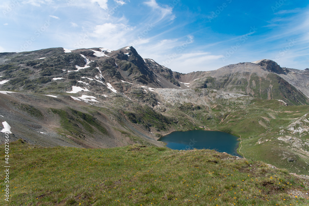 Panoramic view of the mountain lake in Livigno