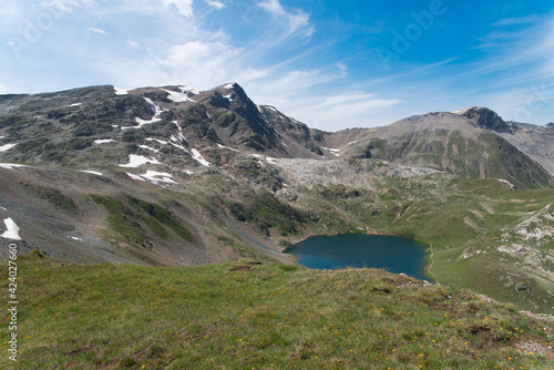 Panoramic view of the mountain lake in Livigno