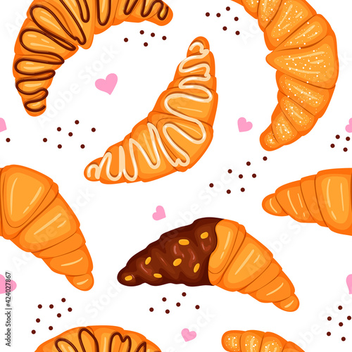 pattern with sweets. Croissants with chocolate, white icing, Cartoon traditional French croissant. Pastries, sweet dessert for breakfast or lunch. Vector illustration.