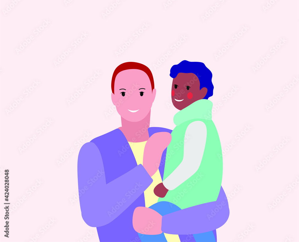 Young multiracial family. Young parent. Man and child are happy together Young multiracial family. Young parent. Man and child are happy together