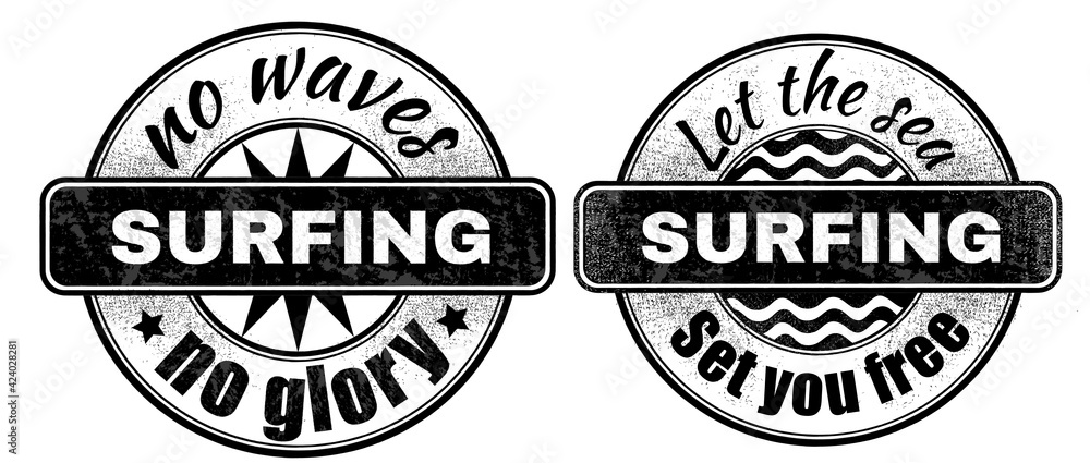 Vintage-style prints with inscriptions: no waves, no glory. And lettering: let the seaset you free. The prints are dedicated to the topic of surfing and sports. all fonts with a free license