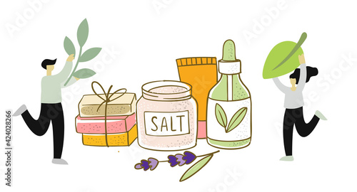 Man and woman collect ingredients for spa. Tools for beauty and cleanser skin and body care.