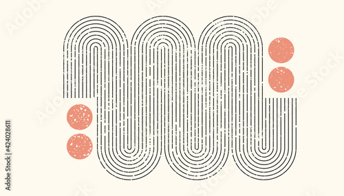 Abstract aesthetic boho textured background with arch and sun. Vector wall decor in terracota color. Mid century modern minimalist art design.