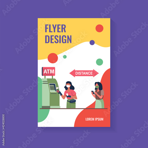 Women using ATM and keeping distance. Money, quarantine, mask flat vector illustration. Finance and pandemic concept for banner, website design or landing web page