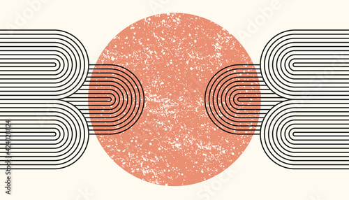 Abstract aesthetic boho textured background with arch and sun. Vector wall decor in terracota color. Mid century modern minimalist art design.