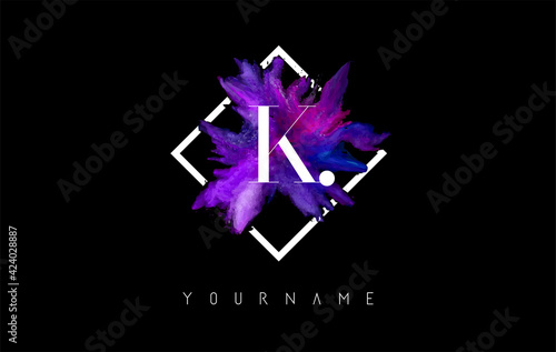 K Letter Logo Design with Colorful ink Stroke over White Square Frame.