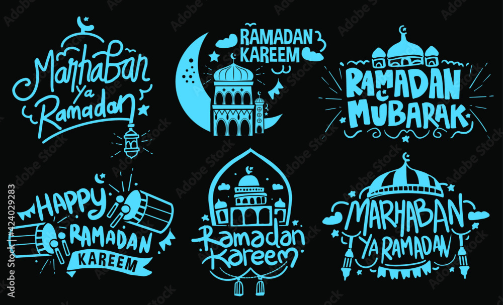 Set ramadan greeting lettering, Celebration Holy Month letters, typographic, calligraphic Vector Using for Card, website or banner.