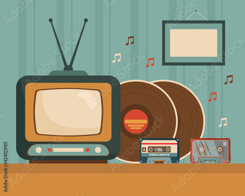Vintage TV, cassettes, and vinyl records on table illustration. Old retro television, ways of listening to music. Nostalgia, old media, retro technology design, vintage concept